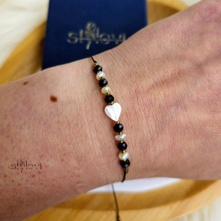 bransoletka Siły - Perłowe Chwile - czarny spinel, perły naturalne, serce, hematyt