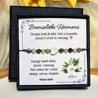 bransoletka Harmonii - Perłowe Chwile - szmaragd, perły naturalne, serce, hematyt