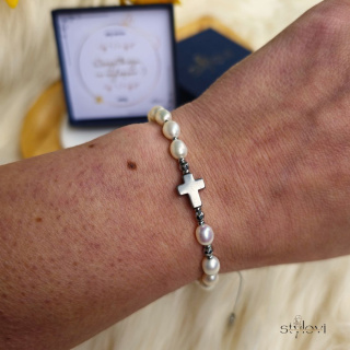 bransoletka RÓŻANIEC - silver - perły naturalne, hematyt