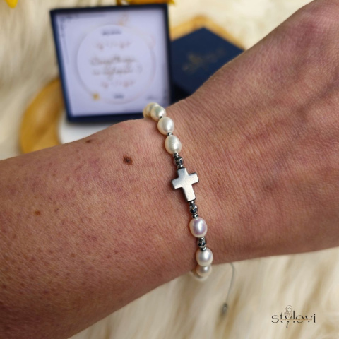 bransoletka RÓŻANIEC - silver - perły naturalne, hematyt bransoletka RÓŻANIEC - silver - perły naturalne, hematyt