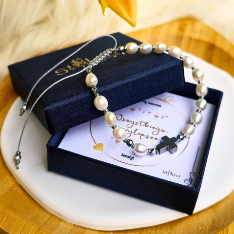 bransoletka RÓŻANIEC - silver - perły naturalne, hematyt bransoletka RÓŻANIEC - silver - perły naturalne, hematyt