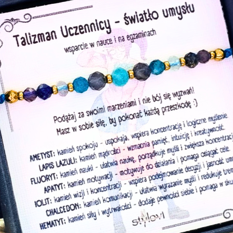 bransoletka "Talizman Uczennicy - światło umysłu.": ametyst, lapis lazuli, fluoryt, apatyt, iolit, chalcedon, hematyt