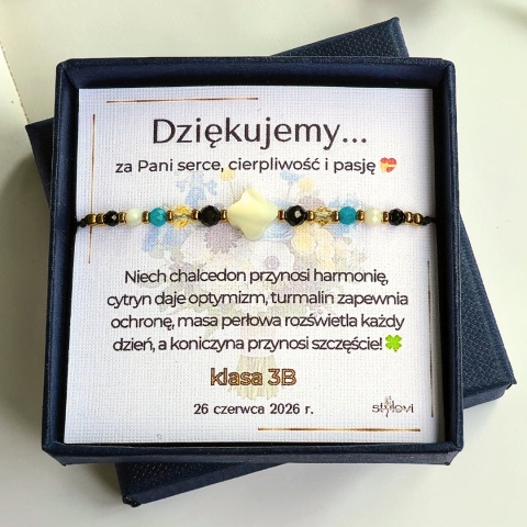 Bransoletka „Marokański Talizman” - podziękowanie dla nauczycielki - chalcedon, cytryn, masa perłowa, turmalin, hematyt