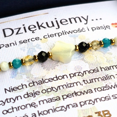 Bransoletka „Marokański Talizman” - podziękowanie dla nauczycielki - chalcedon, cytryn, masa perłowa, turmalin, hematyt