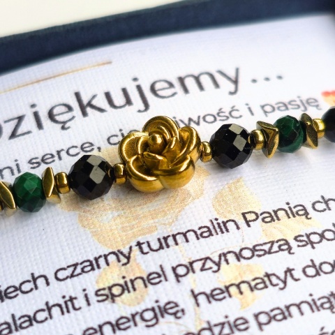 Bransoletka „Róża Wdzięczności” - podziękowanie dla nauczycielki - turmalin, malachit, hematyt