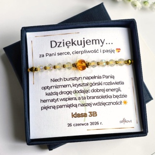 Bransoletka „Słoneczna Wdzięczność” - podziękowanie dla nauczycielki - bursztyn, kryształ górski galwanizowany, hematyt