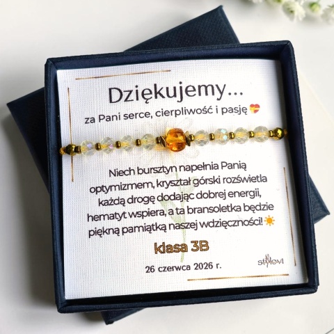 Bransoletka „Słoneczna Wdzięczność” - podziękowanie dla nauczycielki - bursztyn, kryształ górski galwanizowany, hematyt