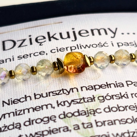 Bransoletka „Słoneczna Wdzięczność” - podziękowanie dla nauczycielki - bursztyn, kryształ górski galwanizowany, hematyt