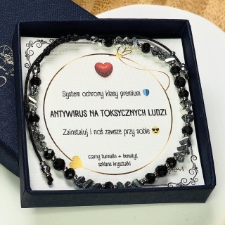 Bransoletka ANTYWIRUS NA TOKSYCZNYCH LUDZI turmalin, hematyt, kryształki SILVER
