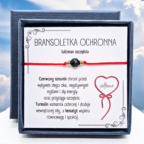 bransoletka OCHRONNA - talizman szczęścia czerwony sznurek, turmalin, hematyt