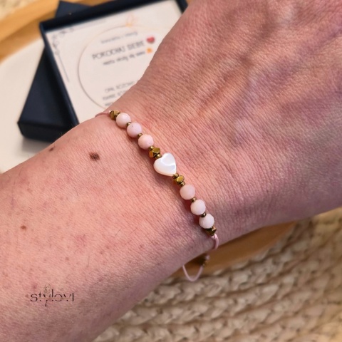 bransoletka POKOCHAJ SIEBIE: opal różowy, masa perłowa, hematyt, serduszko