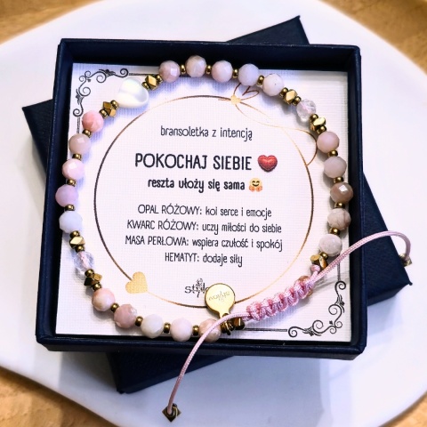 bransoletka POKOCHAJ SIEBIE: opal różowy, masa perłowa, kwarc różowy, hematyt, serduszko