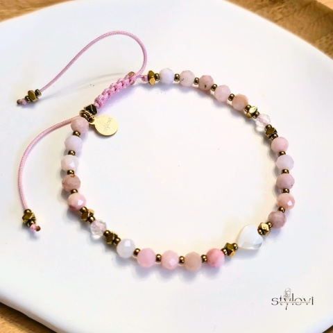 bransoletka POKOCHAJ SIEBIE: opal różowy, masa perłowa, kwarc różowy, hematyt, serduszko