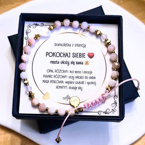 bransoletka POKOCHAJ SIEBIE: opal różowy, masa perłowa, kwarc różowy, hematyt, serduszko