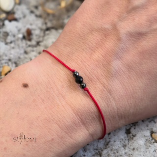 bransoletka SZCZĘŚCIA OCHRONNA - talizman szczęścia czerwony sznurek, turmalin, hematyt - grafitowa