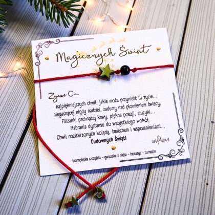 świąteczna bransoletka SZCZĘŚCIA OCHRONNA - talizman szczęścia czerwony sznurek, turmalin, hematyt