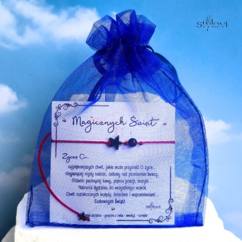 świąteczna bransoletka SZCZĘŚCIA OCHRONNA - talizman szczęścia czerwony sznurek, turmalin, hematyt