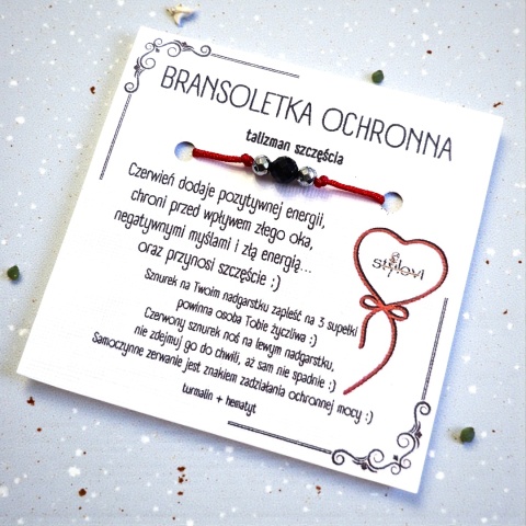 bransoletka SZCZĘŚCIA OCHRONNA - talizman szczęścia czerwony sznurek, turmalin, hematyt - srebrna