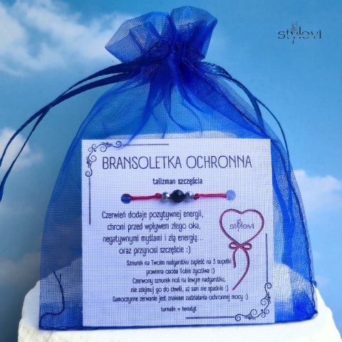 bransoletka SZCZĘŚCIA OCHRONNA - talizman szczęścia czerwony sznurek, turmalin, hematyt - srebrna