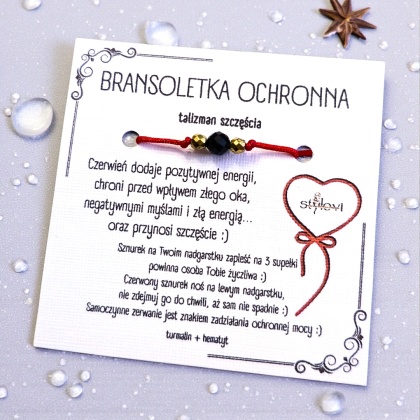bransoletka SZCZĘŚCIA OCHRONNA - talizman szczęścia czerwony sznurek, turmalin, hematyt - złota