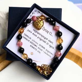 bransoletka "Życzę Ci...": turmalin, cytryn, różowy turmalin, hematyt, serce