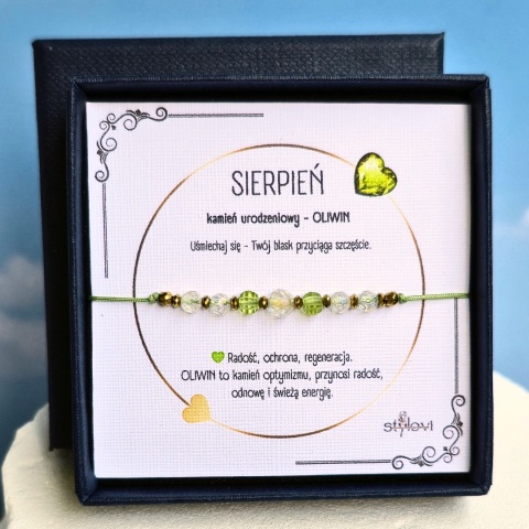 bransoletka - kamień urodzeniowy SIERPIEŃ - oliwin (peridot), kryształ górski, hematyt