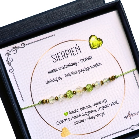 bransoletka - kamień urodzeniowy SIERPIEŃ - oliwin (peridot), kryształ górski, hematyt