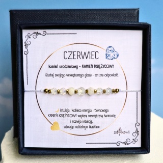 bransoletka - kamień urodzeniowy CZERWIEC - kamień księżycowy, kryształ górski, hematyt