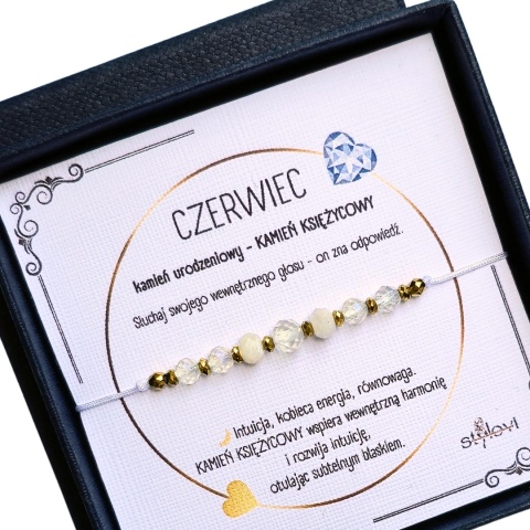 bransoletka - kamień urodzeniowy CZERWIEC - kamień księżycowy, kryształ górski, hematyt
