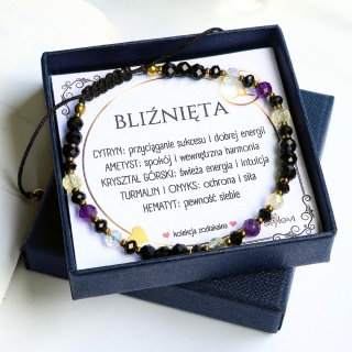 bransoletka - kolekcja zodiakalna - BLIŹNIĘTA - czarny turmalin, onyks, cytryn, ametyst, kryształ górski, hematyt