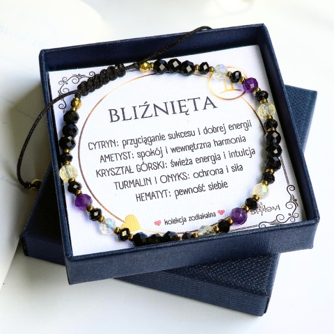 bransoletka - kolekcja zodiakalna - BLIŹNIĘTA - czarny turmalin, onyks, cytryn, ametyst, kryształ górski, hematyt