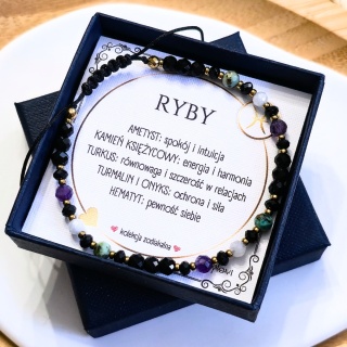 bransoletka - kolekcja zodiakalna - RYBY - czarny turmalin, onyks, ametyst, kamień księżycowy, turkus, hematyt