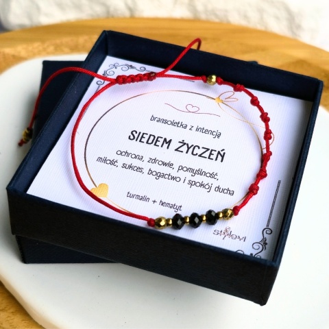 bransoletka szczęścia SIEDEM ŻYCZEŃ: turmalin, hematyt, czerwony sznurek, siedem węzłów