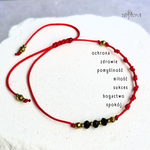 bransoletka szczęścia SIEDEM ŻYCZEŃ: turmalin, hematyt, czerwony sznurek, siedem węzłów