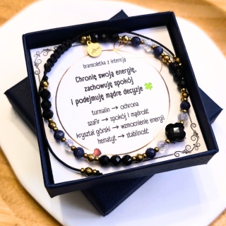 bransoletka z intencją "Chronię swoją energię.": turmalin, szafir, kryształ górski, hematyt