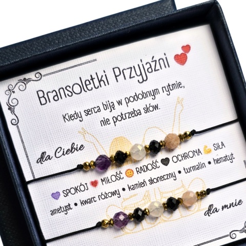 bransoletki PRZYJAŹNI: ametyst, kwarc różowy, kamień słoneczny, turmalin, hematyt