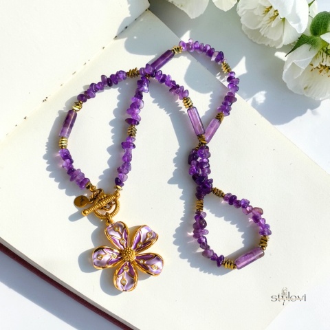 naszyjnik FLORIS: ametyst, hematyt, kwiat (ok. 46-47 cm)