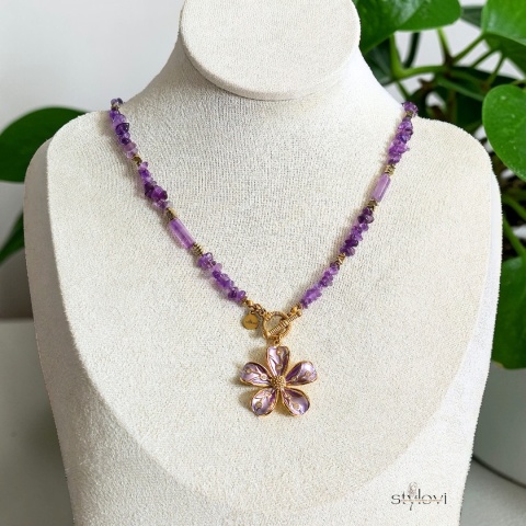 naszyjnik FLORIS: ametyst, hematyt, kwiat (ok. 46-47 cm)