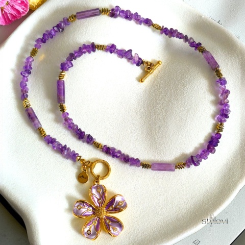 naszyjnik FLORIS: ametyst, hematyt, kwiat (ok. 46-47 cm)