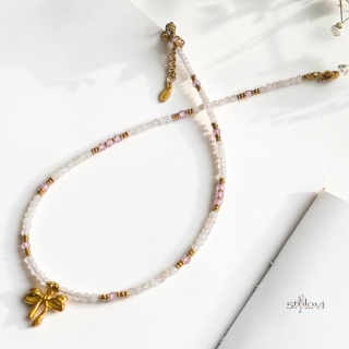 naszyjnik Blush Bow: kwarc różowy, cyrkonia, hematyt