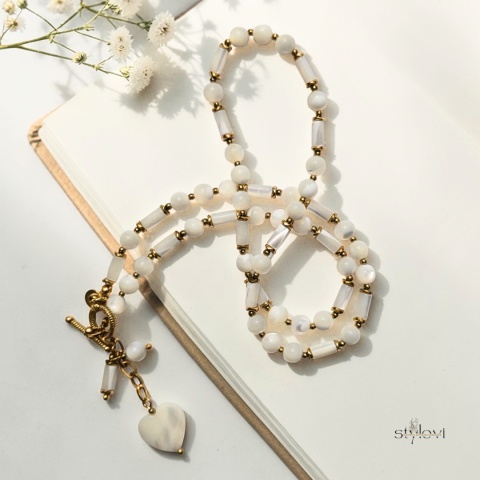 naszyjnik SERENITY: masa perłowa, hematyt, serce (ok. 54 cm)