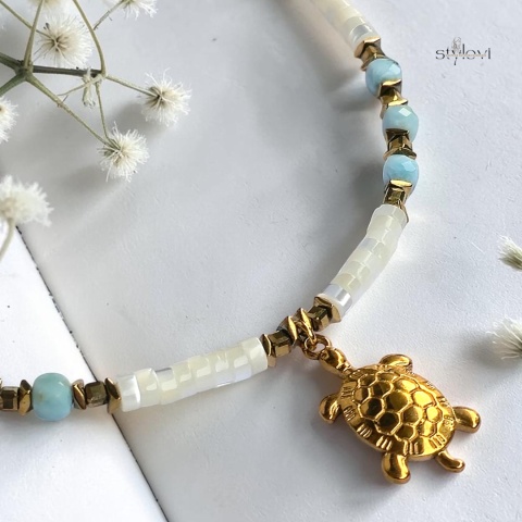 naszyjnik Sekret Oceanu 🌊🐢: larimar, masa perłowa, hematyt (ok. 42 - 52cm)
