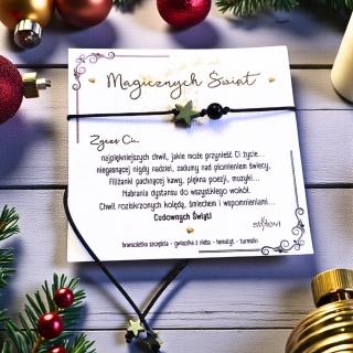 świąteczna bransoletka SZCZĘŚCIA OCHRONNA - talizman szczęścia czarny sznurek, turmalin, hematyt