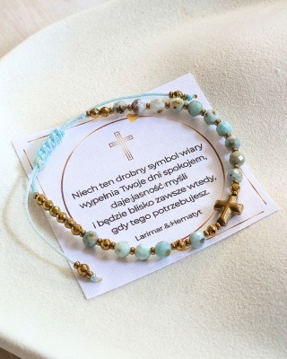 bransoletka RÓŻANIEC: larimar, hematyt (złoty)