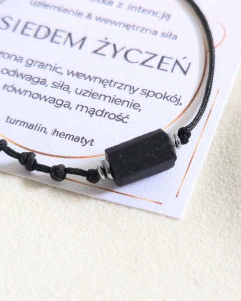 bransoletka SIEDEM ŻYCZEŃ: turmalin, hematyt, czarny sznurek, siedem węzłów (s)