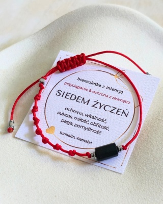 bransoletka SIEDEM ŻYCZEŃ: turmalin, hematyt, czerwony sznurek, siedem węzłów (srebrna)