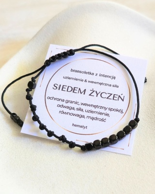 męska bransoletka SIEDEM ŻYCZEŃ: hematyt, czarny sznurek, siedem węzłów