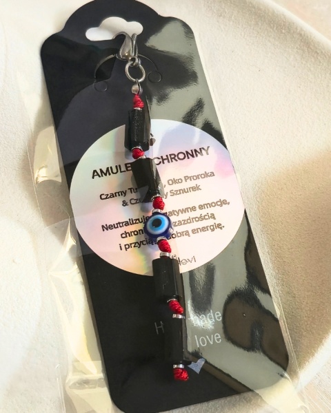 brelok AMULET OCHRONNY - turmalin, oko proroka, czerwony sznurek (s)